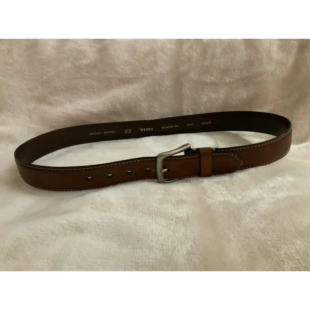 Fossil Brown Leather Belt Contrast Stitching Heavy Duty Buckle Size 36